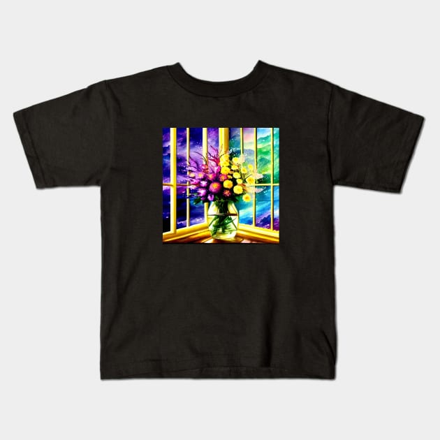 Flowers in the Corner Window Kids T-Shirt by ArtistsQuest